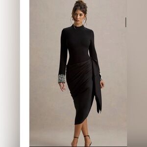 Black Long-Sleeve Ruched Midi Dress with Embellished Cuffs